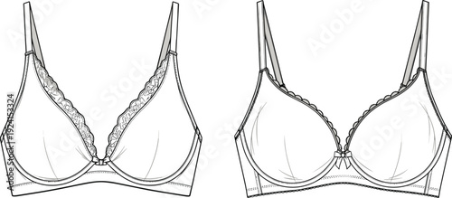 Bra illustration, lace trim lingerie, underwire bra design, fashion undergarment drawing, intimate apparel sketch, feminine clothing concept, stylish underwear , garment manufacturing pattern