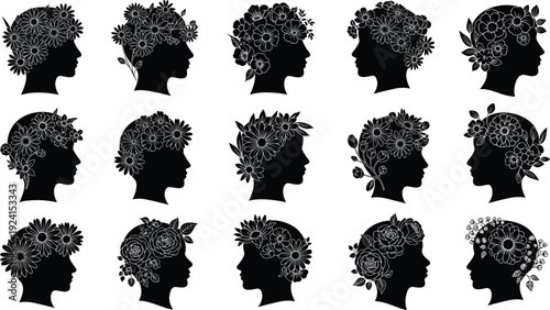 Floral head silhouettes, human profile vector set, botanical hairstyle illustration, nature beauty design, creative flower graphics, artistic fashion collection