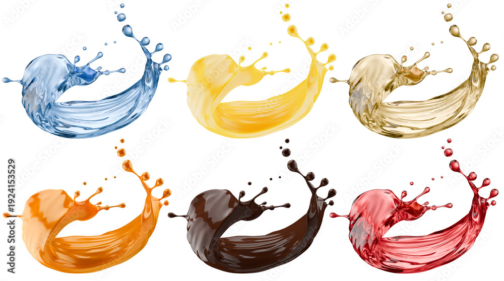 Obraz premium Set of splashes with liquids of different materials isolated on white background. 3d rendering