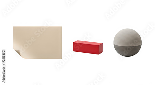 A brown rectangle, a red block, and a gray sphere on a white background isolated on transparent background