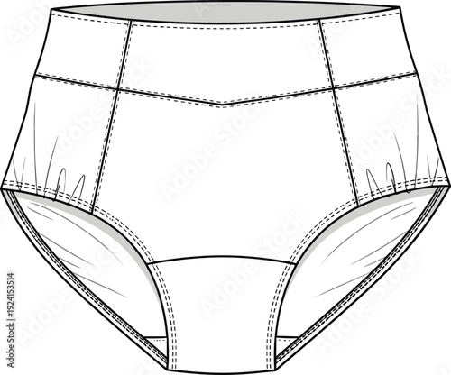 High waisted underwear illustration, fashion technical drawing, garment construction sketch, lingerie seam detail, pleated comfort design, apparel pattern making , clothing design illustration