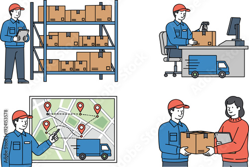 Logistics delivery service illustration set, warehouse storage, courier shipping process and package distribution tracking system concept