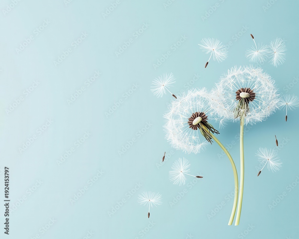 Obraz premium Minimalist dandelion seeds blowing in wind, gentle watercolor flow
