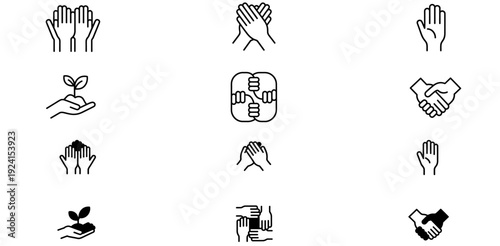 collection of black line icons depicting various hand gestures and actions  hands shaking holding seedlings and giving high fives