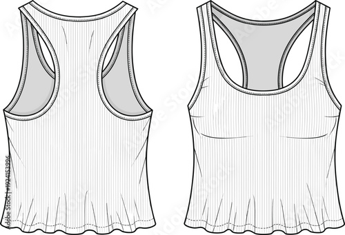 Ribbed knit racerback crop top technical sketch, scoop neckline sleeveless tank, athletic summer vest, fashion flat drawing for apparel design, clothing template.