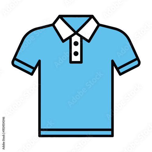 Simple graphic illustration of a light blue short sleeved polo shirt with a white collar and two white buttons presented against a clean white background conveying casual wear