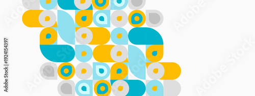 Abstract pattern features overlapping circles, squares, varying sizes, yellow, teal hues. Minimalist design creates playful visual texture.