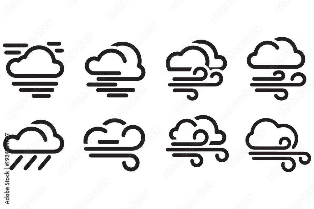 Obraz premium A set of weather icons depicting various cloud and wind conditions on a white background