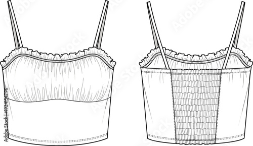 Ribbed racerback crop top technical sketch, sleeveless scoop neck tank, athletic summer vest, fashion flat drawing for apparel design, clothing template, vector, mockup.