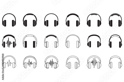 A collection of various black and white headphone icons on a clean white background