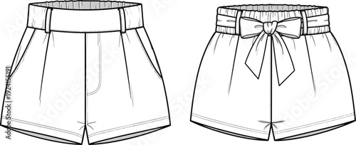 Shorts illustration, tailored waistband design, elastic bow shorts drawing, fashion garment sketch, casual clothing artwork, stylish apparel comparison, feminine wear concept, construction pattern
