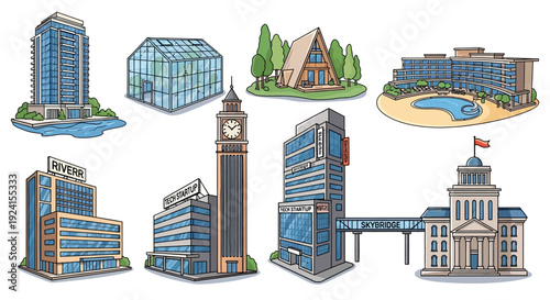 Set of various modern and classic buildings, architecture vector illustration collection