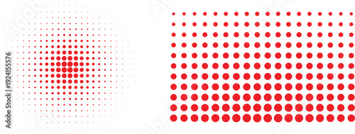 Silhouette of red dots on a white background with a geometric shape halftone effect set.