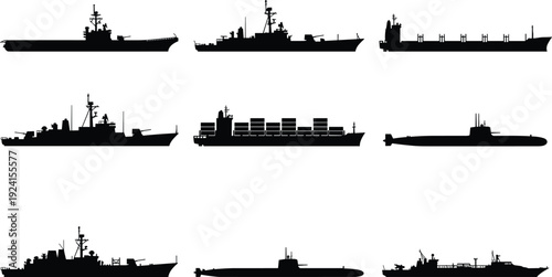 Military naval warship submarine and cargo vessel silhouettes set maritime fleet ocean defense transport shipping isolated vector black navy ship illustration collection
