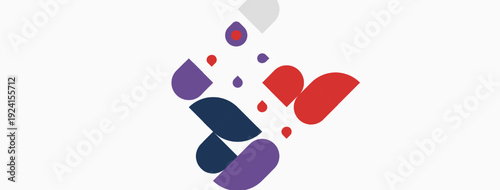 Abstract shapes, purple, red hues dominate design. Minimalist composition, clean lines, modern aesthetic. Simple background provides contrast.