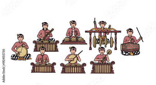 Eight cartoon musicians playing various traditional instruments in a colorful, illustrative style against a clean white background.