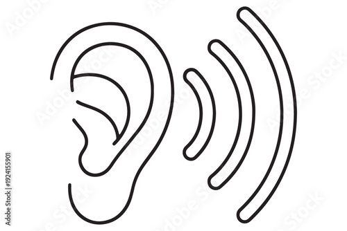 A simple line drawing of a human ear with sound waves emanating from it