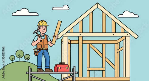 Illustrative happy carpenter building a house frame