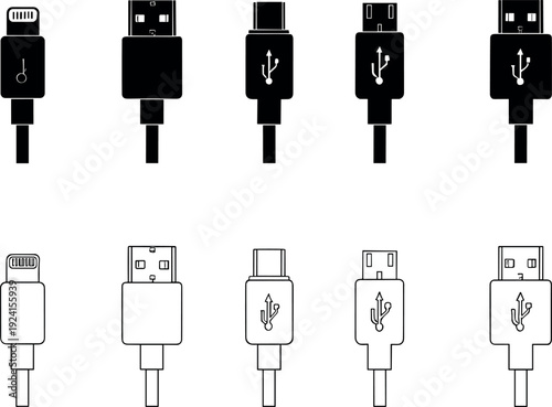 Set of USB charging cable connectors in solid and outline vector styles for technology and hardware design