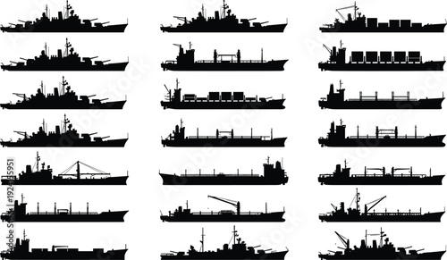 set of silhouettes of boats