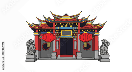 Illustration of a traditional Chinese temple entrance with red lanterns and stone lions on either side against a white background.