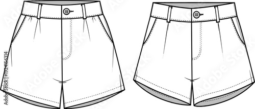 Women’s shorts illustration, fashion technical drawing, waistband with belt loops, front button closure sketch, pocket detail garment, apparel construction reference, clothing design illustration