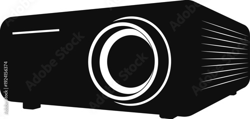 Black multimedia projector icon, modern home theater device silhouette, digital presentation equipment, isolated on white background, technology illustration
