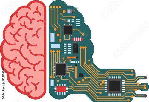 Abstract graphic illustrating the complex interplay between the human brain and digital circuit technology, symbolizing the evolution of artificial intelligence and cognitive computing
