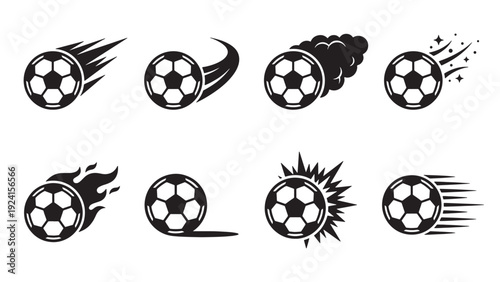 Dynamic Soccer Ball Motion Icon Set with Fire Speed and Impact Effects for Sports Branding Logo and Graphic Design Use