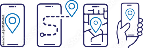 smartphone pin location map mobile app bule line icons set vector illustration 