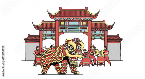 Illustration of a lion dance performer in traditional Chinese attire with a group of musicians and a pagoda-style gate in the background, conveying a festive and cultural scene.