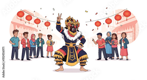 Illustration of a lion dancer performing with a group of people and red lanterns in a festive setting with a joyful mood.