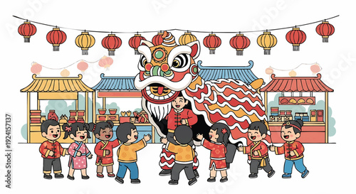 Illustration of a group of children and adults celebrating with a lion dance performance at a festive outdoor market with traditional lanterns and colorful buildings.