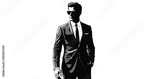 Stylish Man in Suit and Sunglasses Standing Confidently.