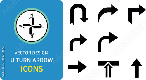 Set of U-turn and curved direction arrows showing navigation, return, reversal and route change in solid vector style
