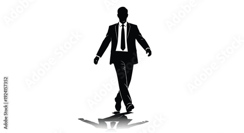 Silhouette of a businessman walking confidently with crossed legs.