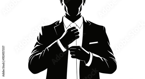 Silhouette of a man in a suit adjusting his tie.