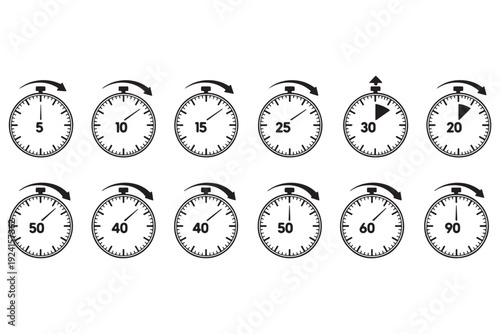 A collection of stopwatch dials with various time settings on a white background