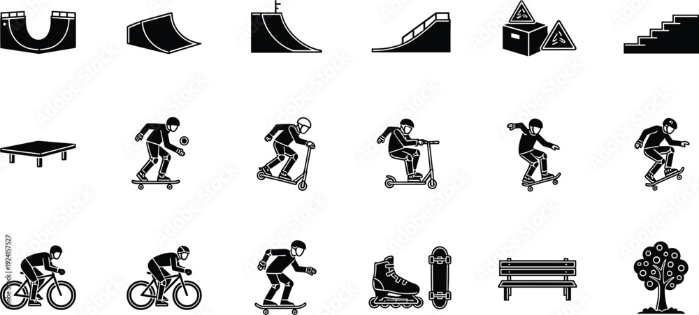 Fototapeta premium Extreme Sports Silhouette Icon Set Showing Skateboarding, BMX Cycling, Scooters, Ramps, and Urban Park Elements for Action and Vector Design