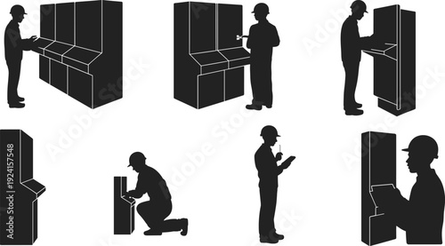 Construction worker silhouettes operating industrial machines, factory production workflow, manufacturing process icons, engineering maintenance activities isolated on white background illustration