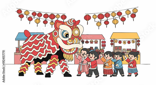 Illustration of a lion dance performance with children in traditional clothing standing in front of market stalls and colorful lanterns.
