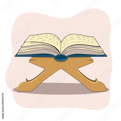 Quran on Wooden Stand with Open Pages for Ramadan Islamic Design