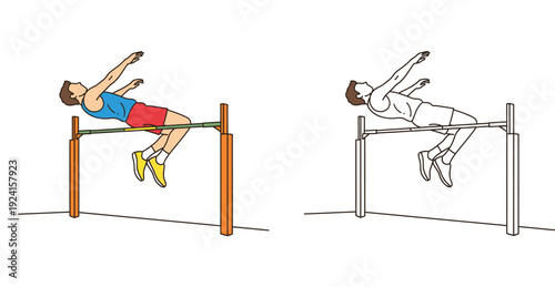 High jump athlete vector illustration in color and line art outline style. Track and field sports championship design.