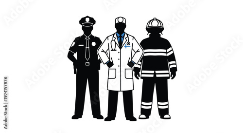 Three essential service workers standing together in silhouette.