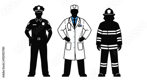 Silhouettes of Police Doctor and Firefighter Professions.