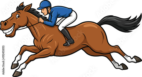 A cartoon jockey riding fast race horse illustration isolated on white background representing horse racing sport speed competition vector design branding mascot