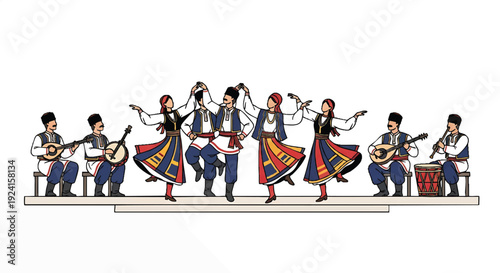 Illustration of a traditional folk dance performance with musicians and dancers in colorful costumes on a white platform against a plain white background.