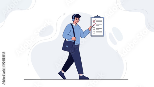 Man with headphones and briefcase checking checklist on clipboard