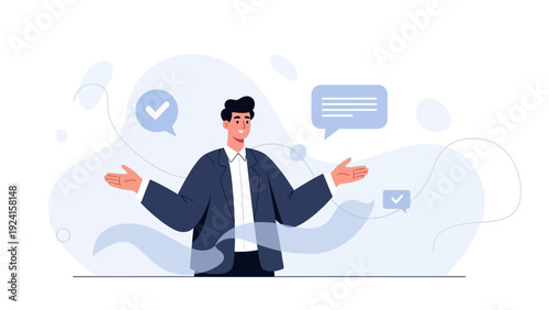 Business man explaining concept with speech bubbles and checkmarks, flat illustration