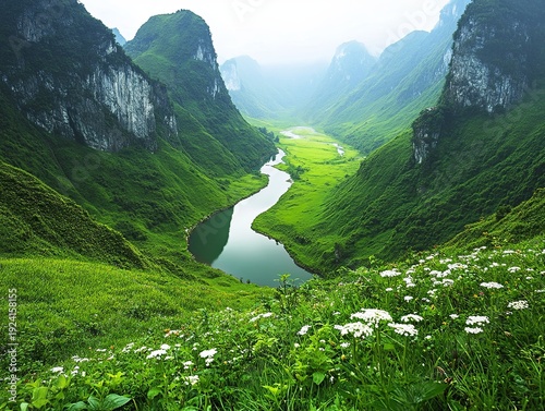 Wallpaper Mural Stunning View of Verdant Valley and River with Steep Mountain Peaks Torontodigital.ca
